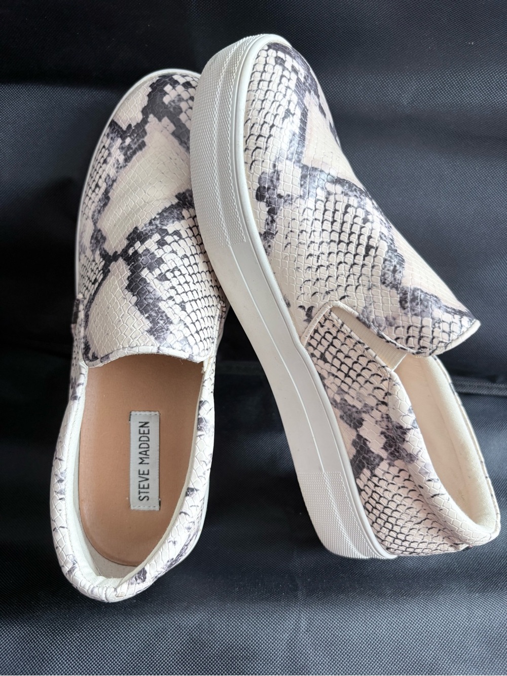 Steve Madden Cream and Black Snake-Print Slip-On Sneakers